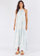 Model wearing the blue and white tamra maxi dress