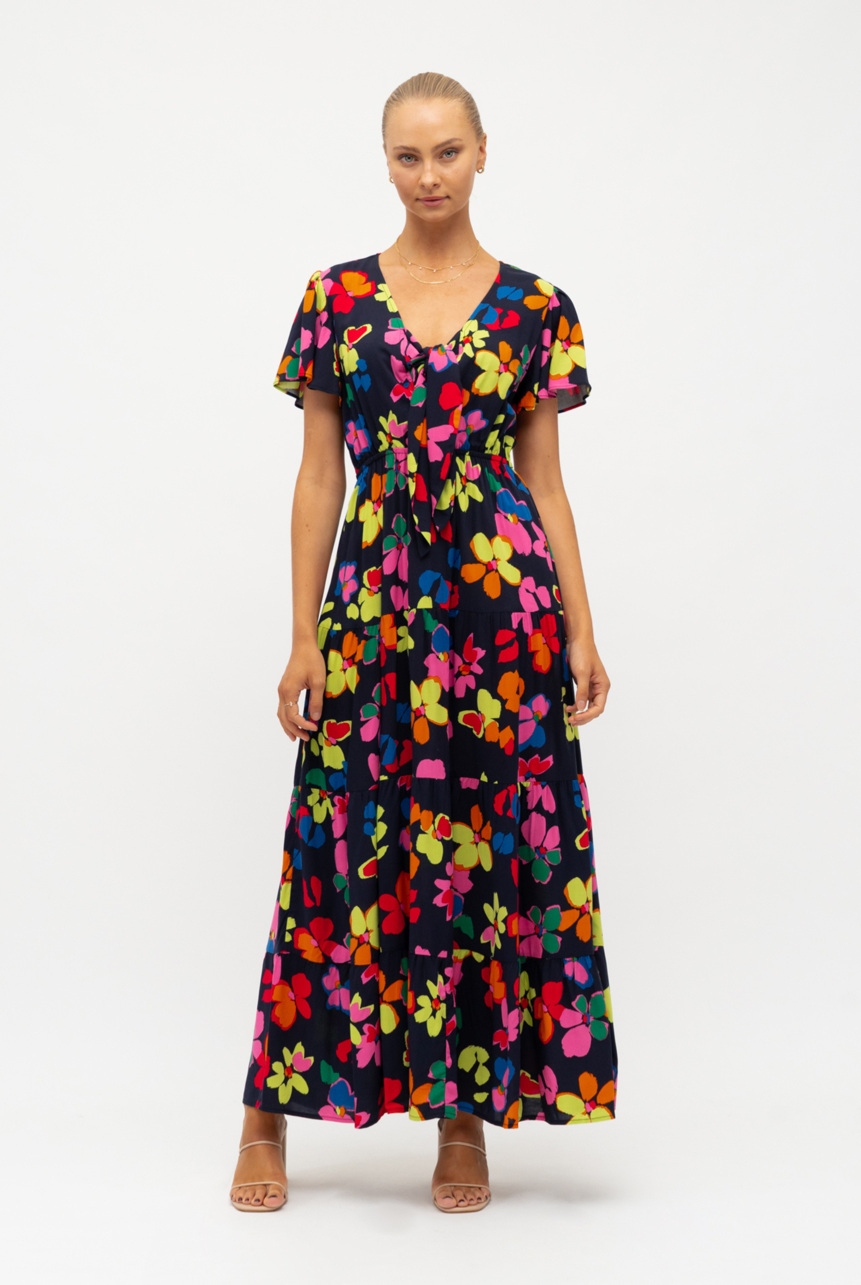 Addison Maxi Dress bright floral print with short flutter sleeve