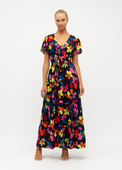 Addison Maxi Dress bright floral print with short flutter sleeve