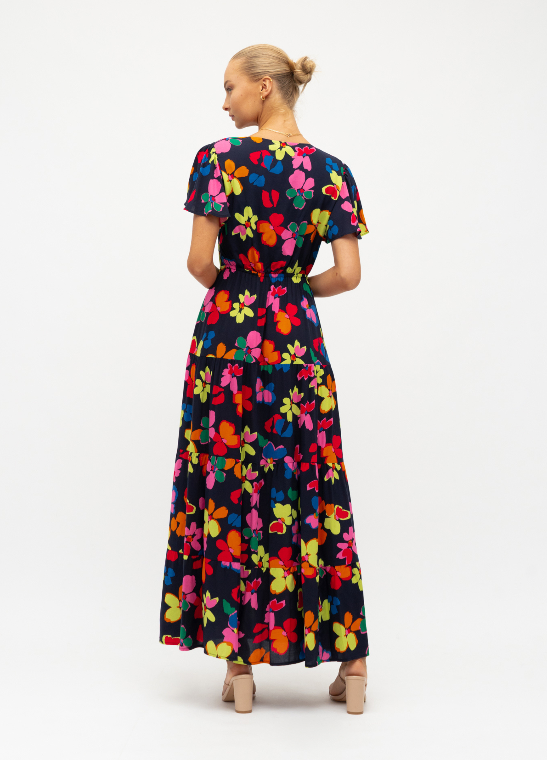 Addison Maxi Dress bright floral print with short flutter sleeve