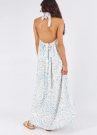 Model wearing the blue and white tamra maxi dress