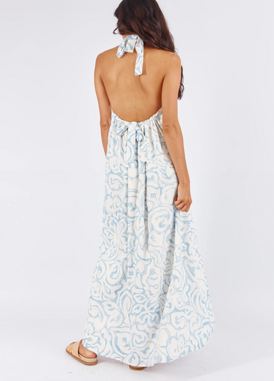 Model wearing the blue and white tamra maxi dress