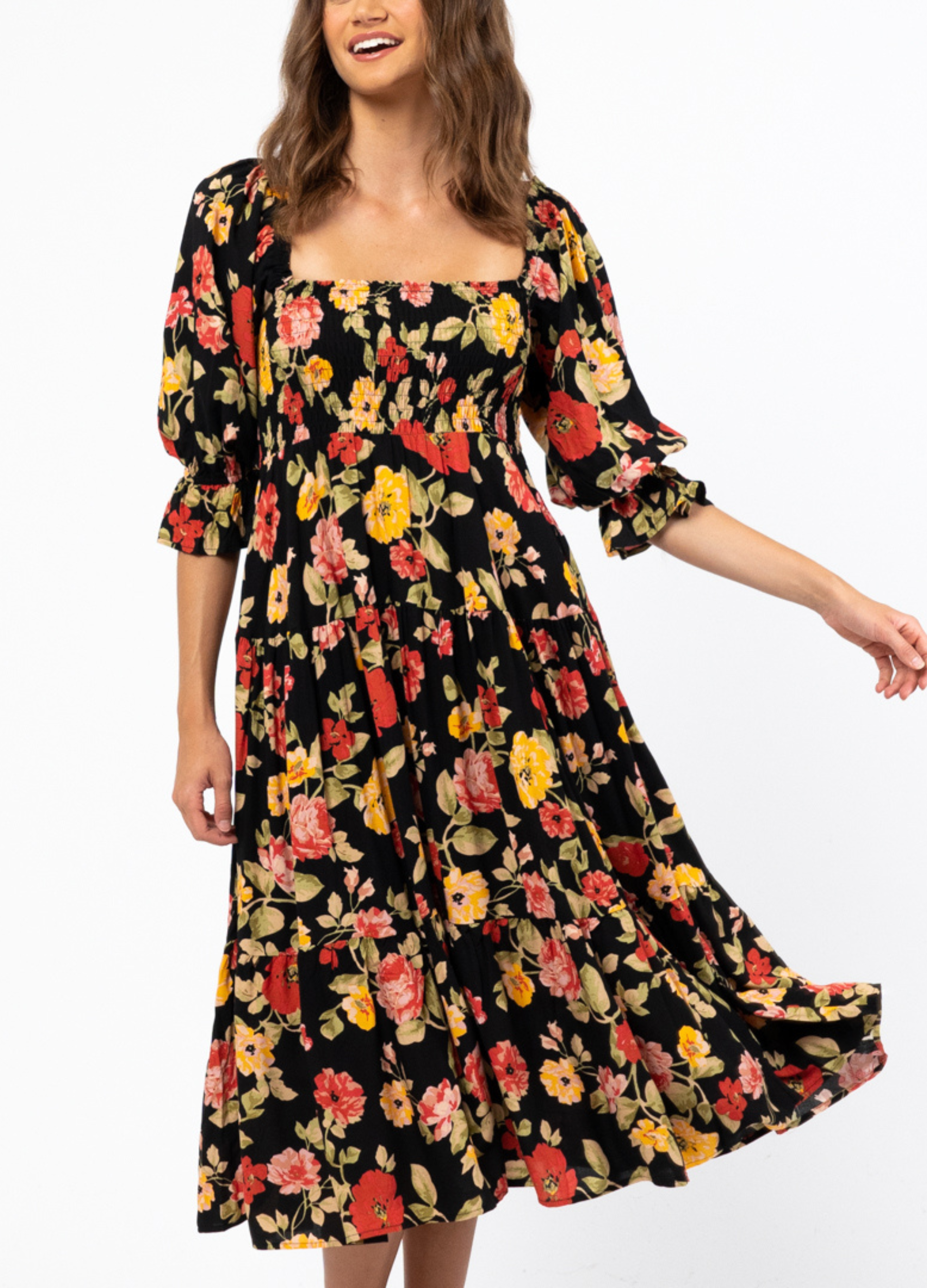 Winter Floral Printed Midi Dress with shirred bust from Australian Fashion Brand Ebby and I