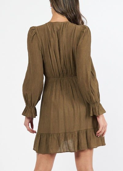 Model wearing a khaki green wrap dress from back