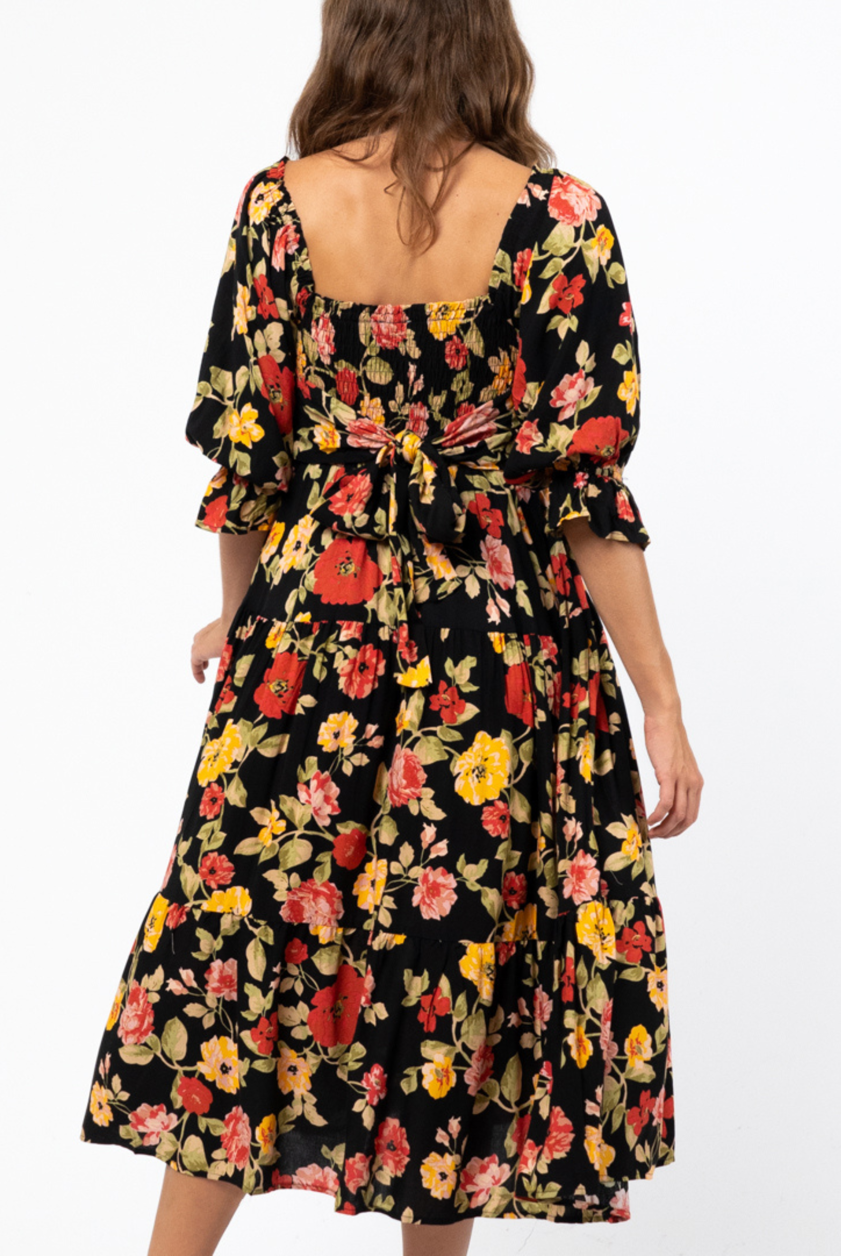 Winter Floral Printed Midi Dress with shirred bust from Australian Fashion Brand Ebby and I