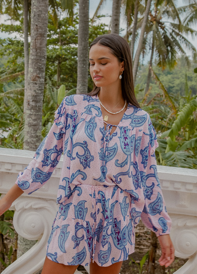 Model wearing the Oasis Paisley Blouse 