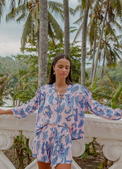 Model wearing the Oasis Paisley Blouse 