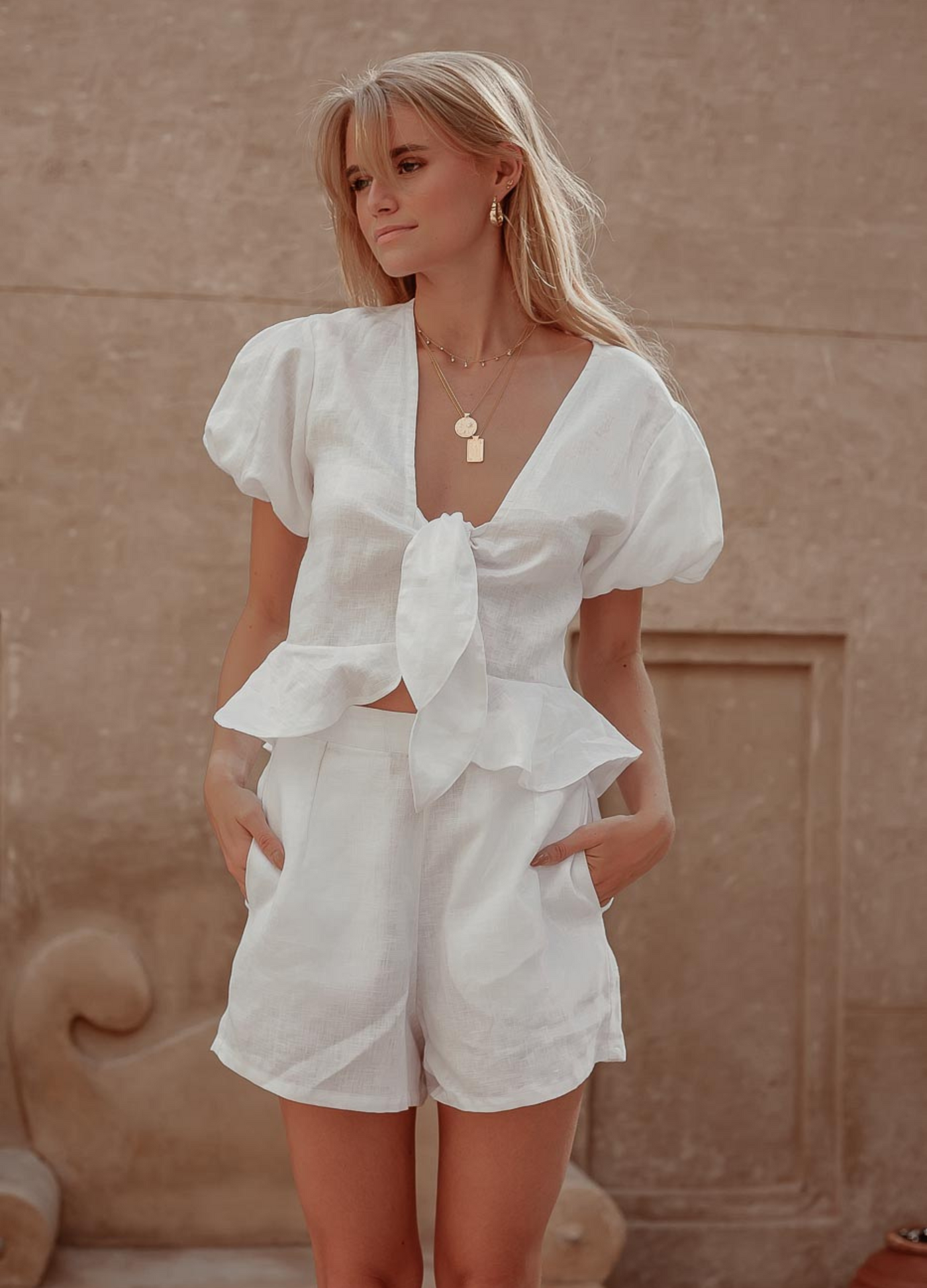 Model wearing the Linen Claudia Shorts from Palm Collective