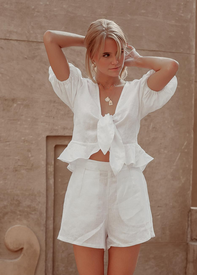 Model wearing the Linen Claudia Shorts from Palm Collective