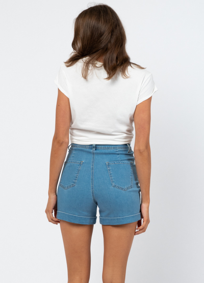 Back view of the white more amour tee, cap sleeve with self coloured embroidery