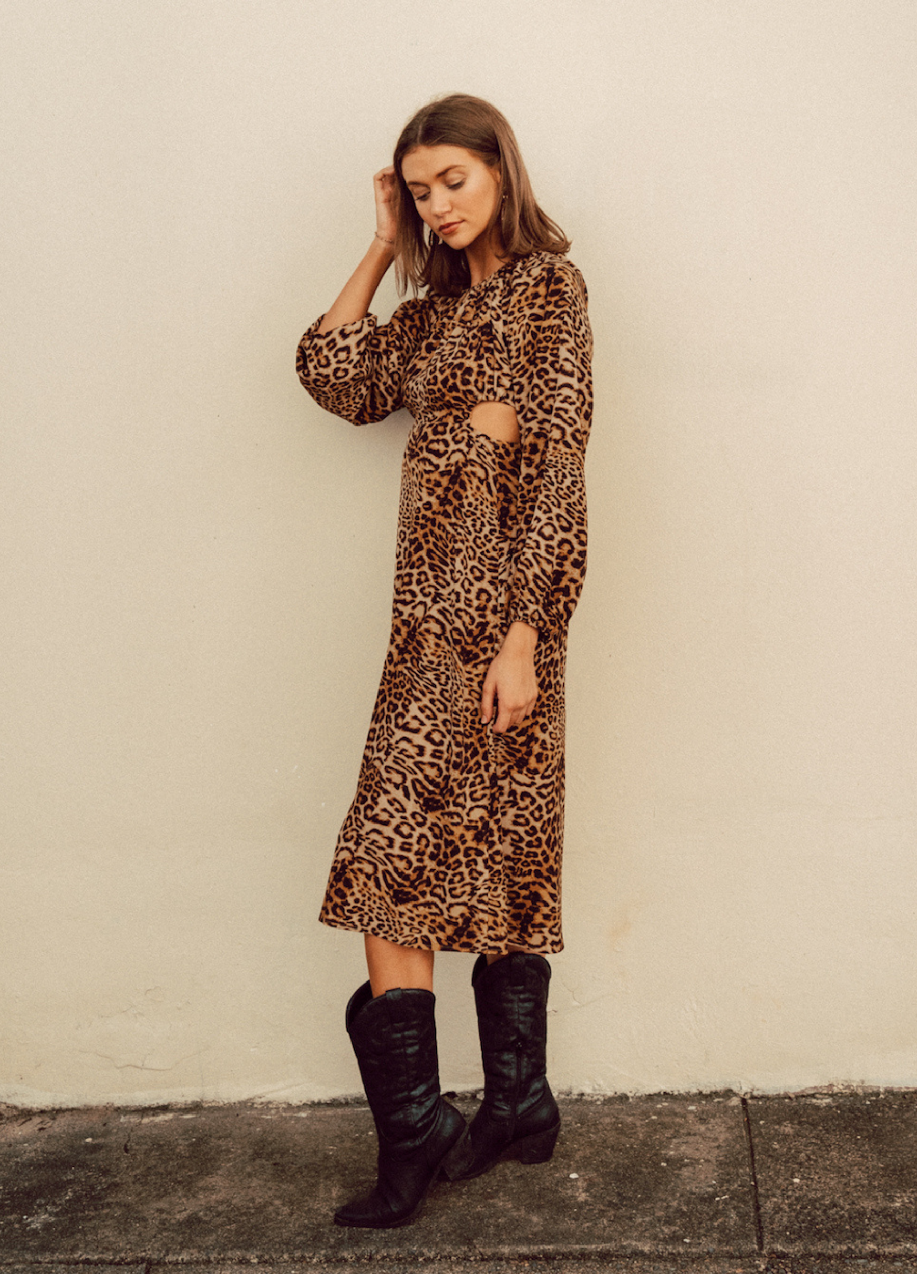 Animal Print Midi Dress with Cut Outs