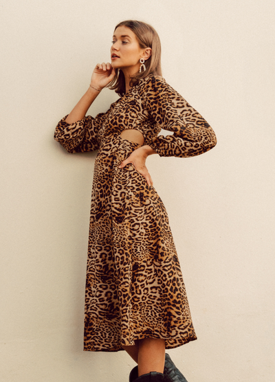 Animal Print Midi Dress with Cut Outs