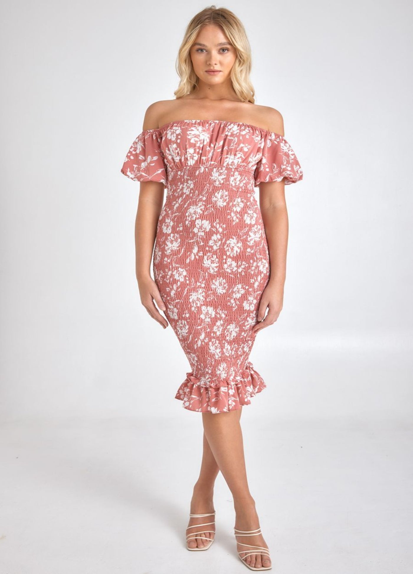 Rose print midi dress on blonde model