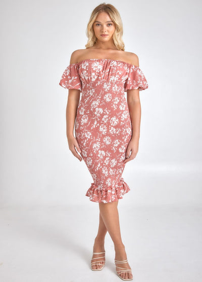 Rose print midi dress on blonde model