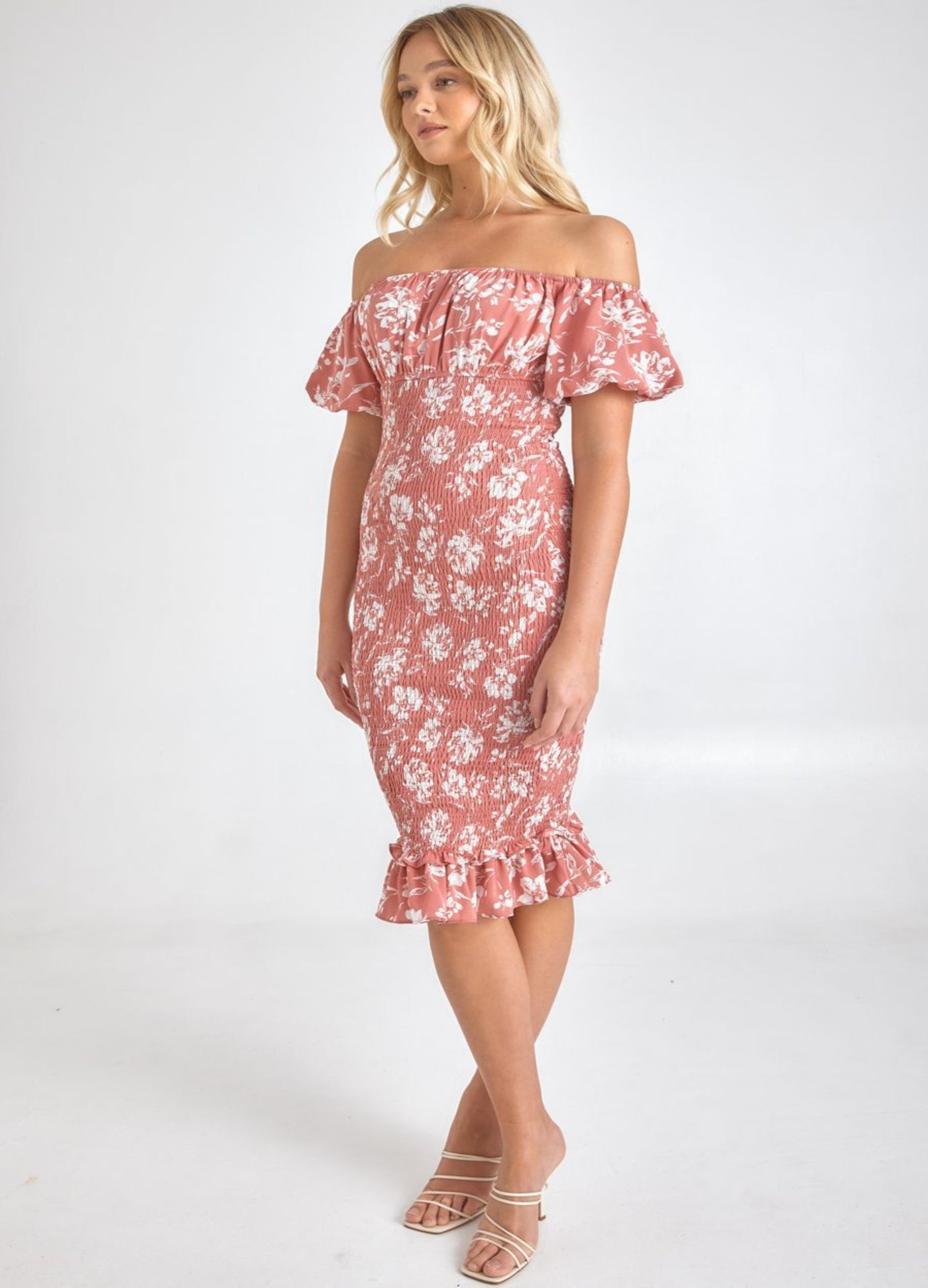 Rose print midi dress on blonde model
