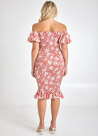 Rose print midi dress on blonde model