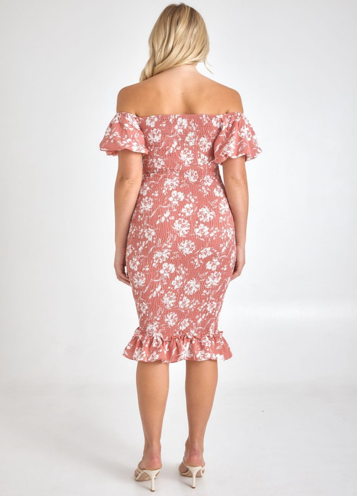 Rose print midi dress on blonde model