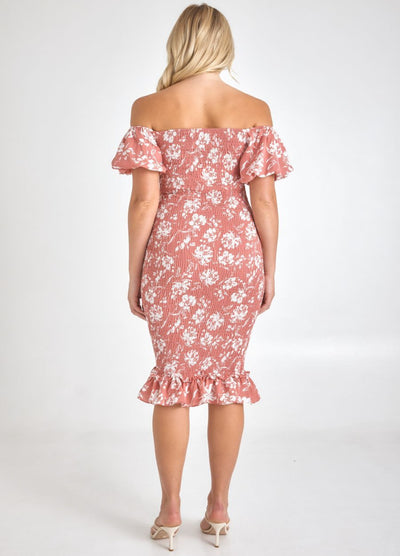 Rose print midi dress on blonde model
