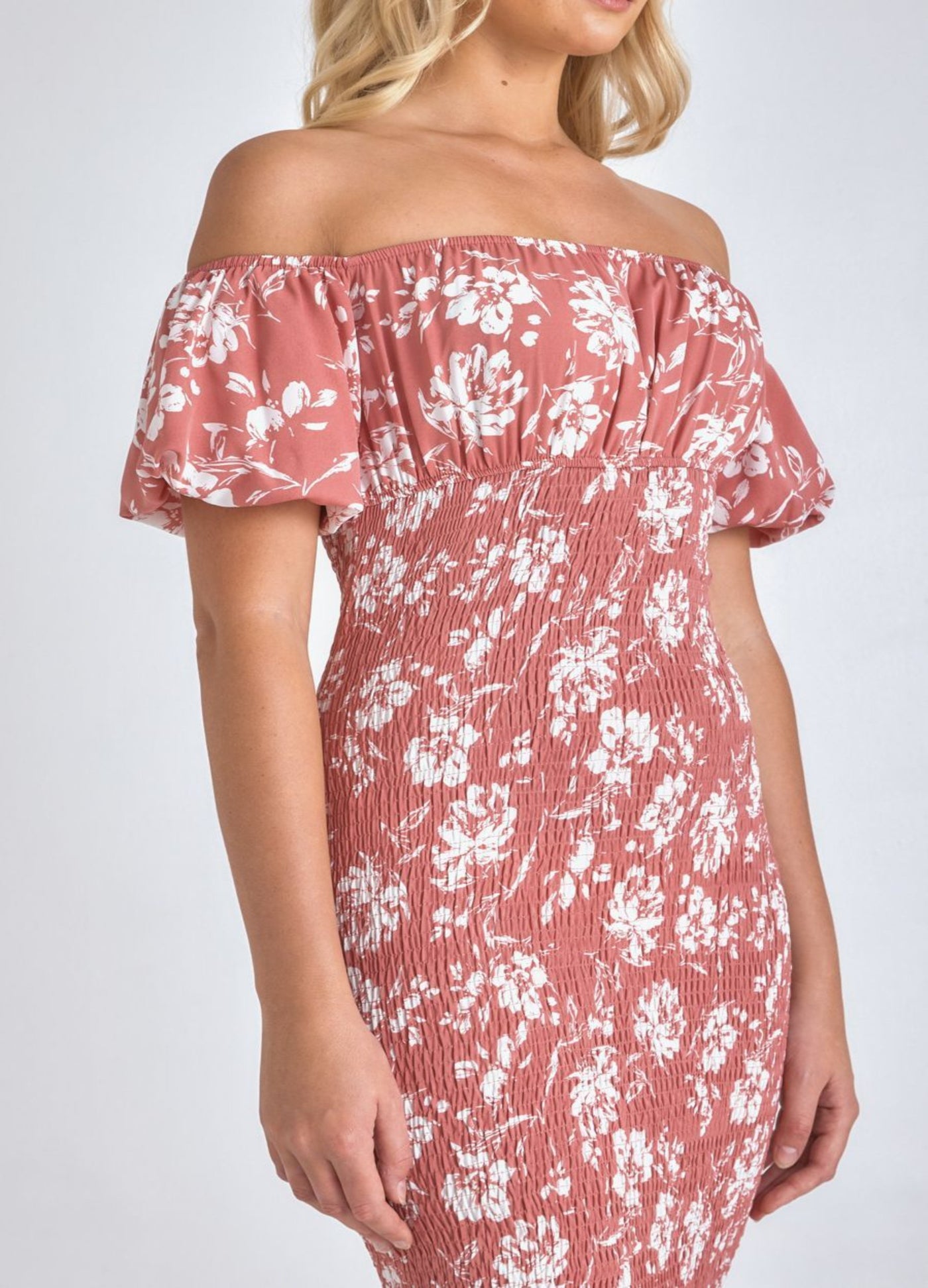Rose print midi dress on blonde model