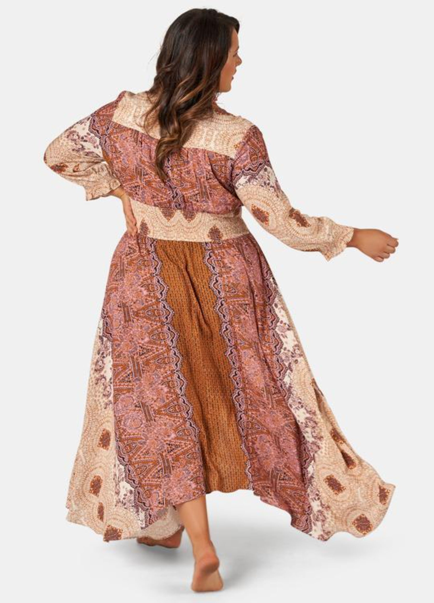 Model wearing the brown sugar maxi dress