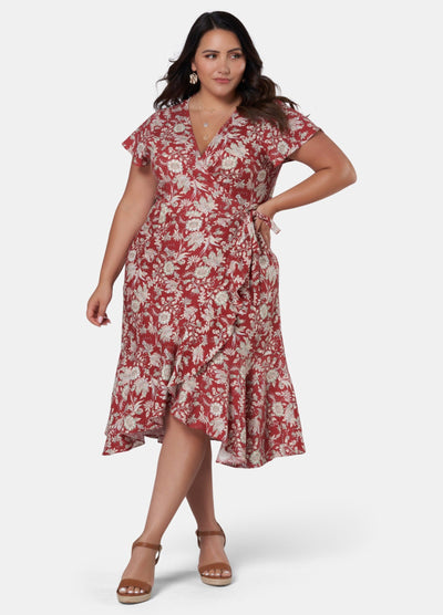 Model wearing red dress