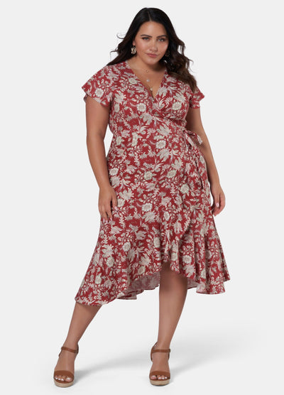 Model wearing red dress