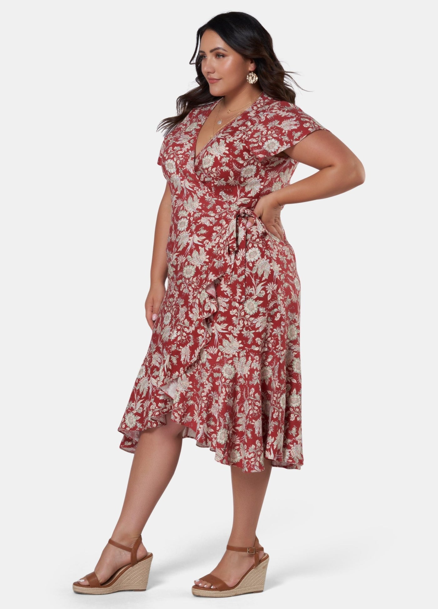 Model wearing red dress