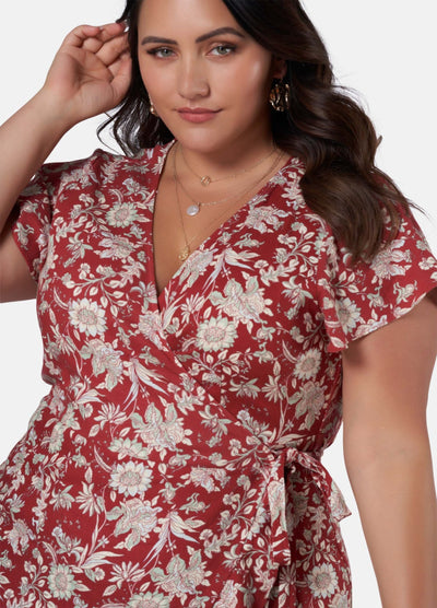 Model wearing red dress