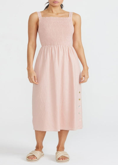 Model wearing pink midi dress