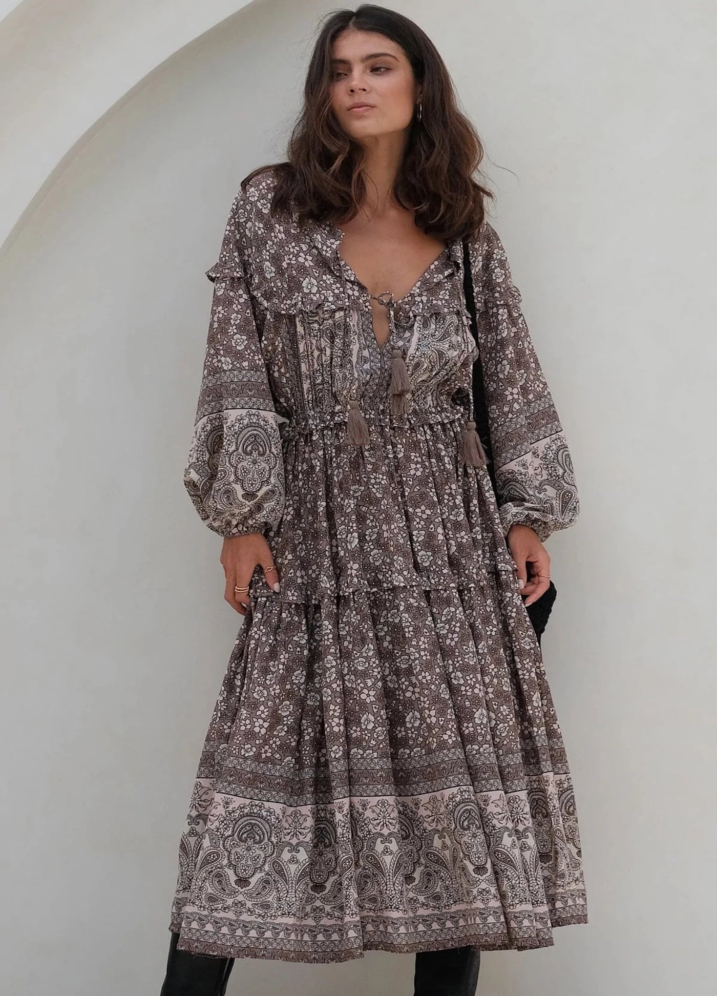Model wearing celestial brown floral boho dress from Mahli the label