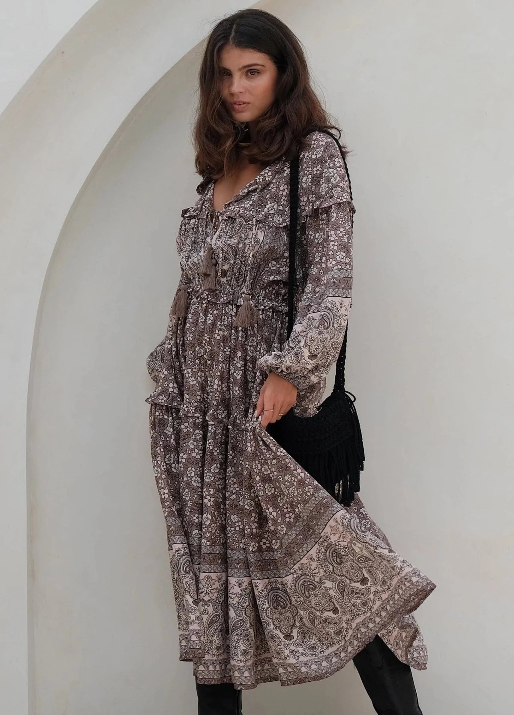 Model wearing celestial brown floral boho dress from Mahli the label