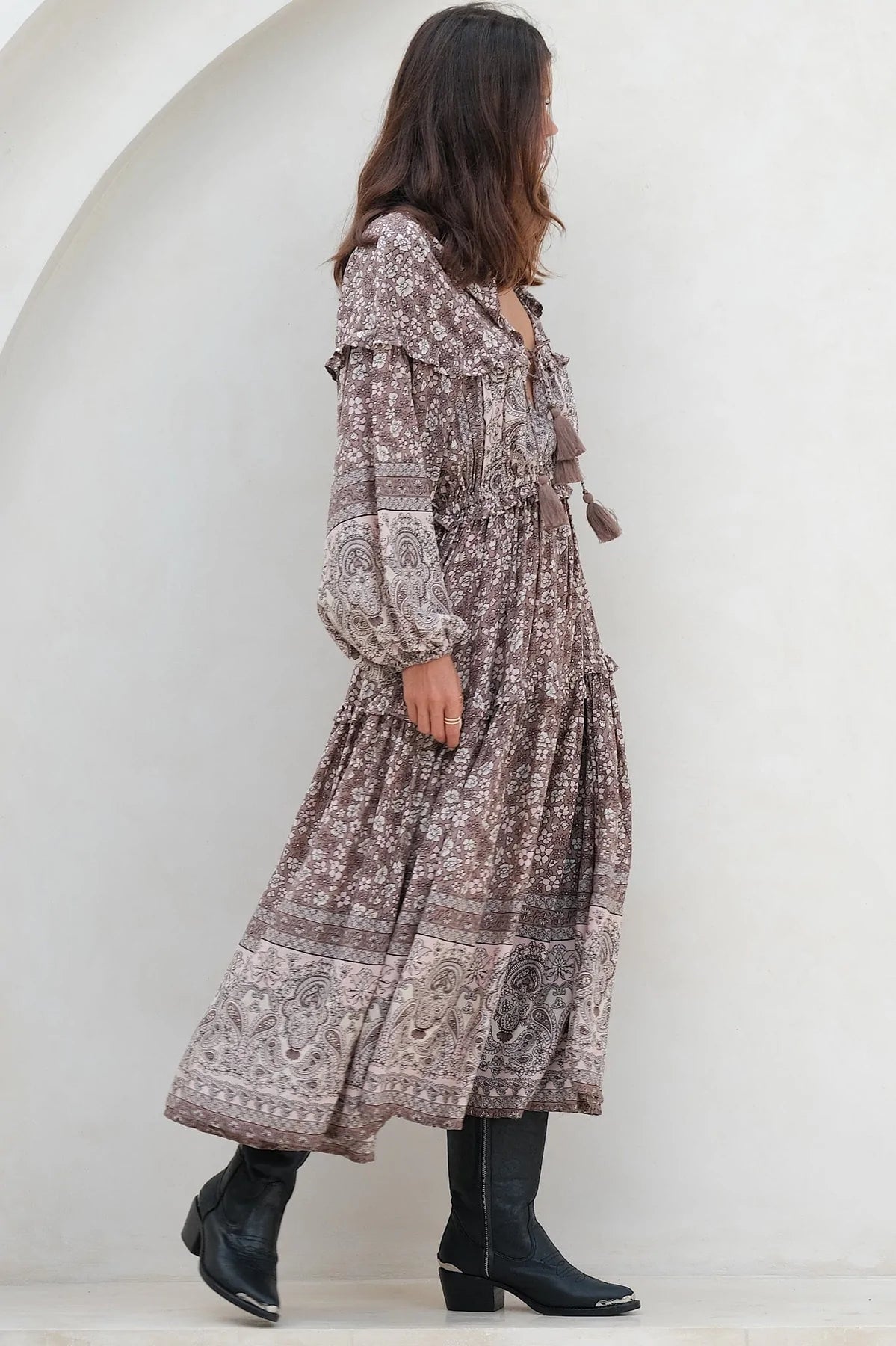 Model wearing celestial brown floral boho dress from Mahli the label