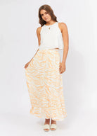 Brunette Model wearing the Finlay Print Maxi Skirt