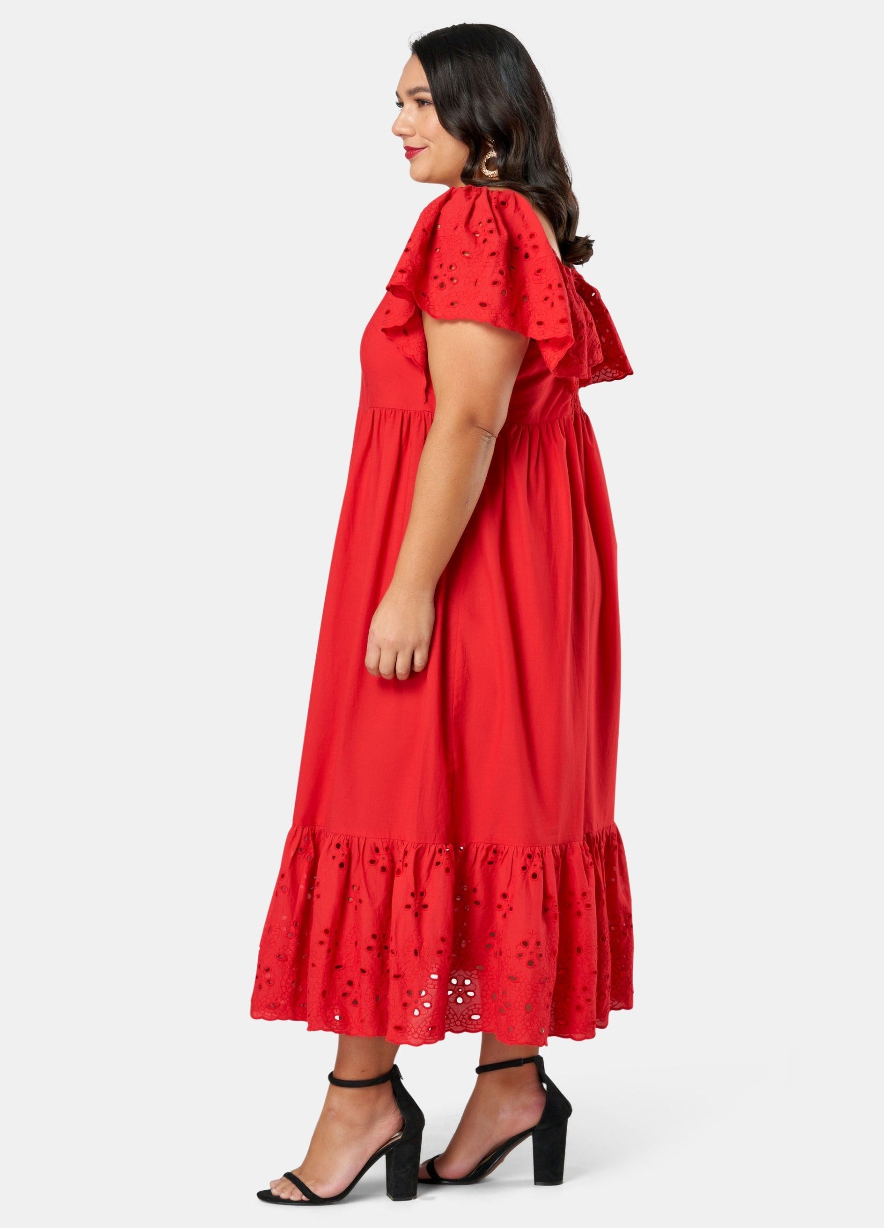 Model wearing red dress