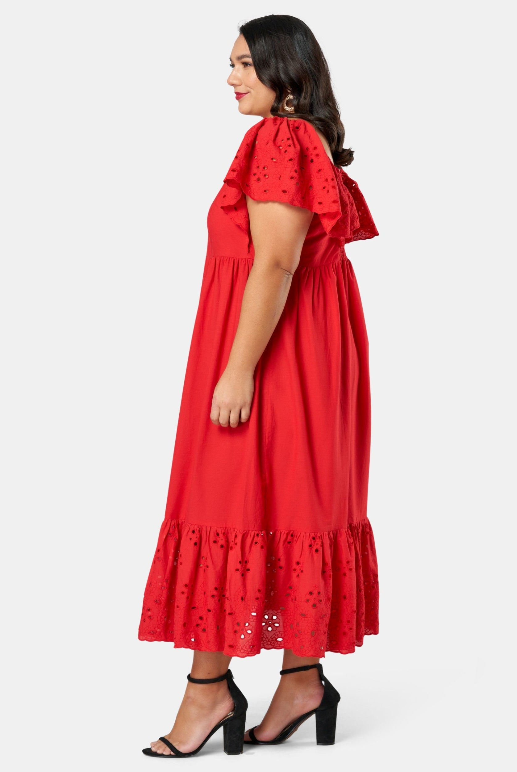 Model wearing red dress