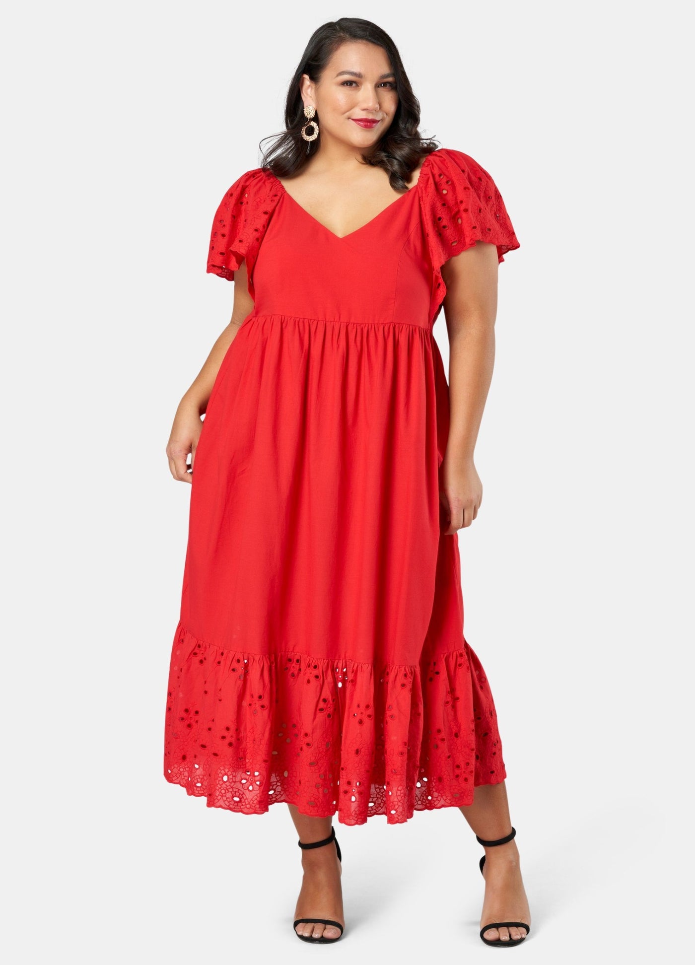 Model wearing red dress