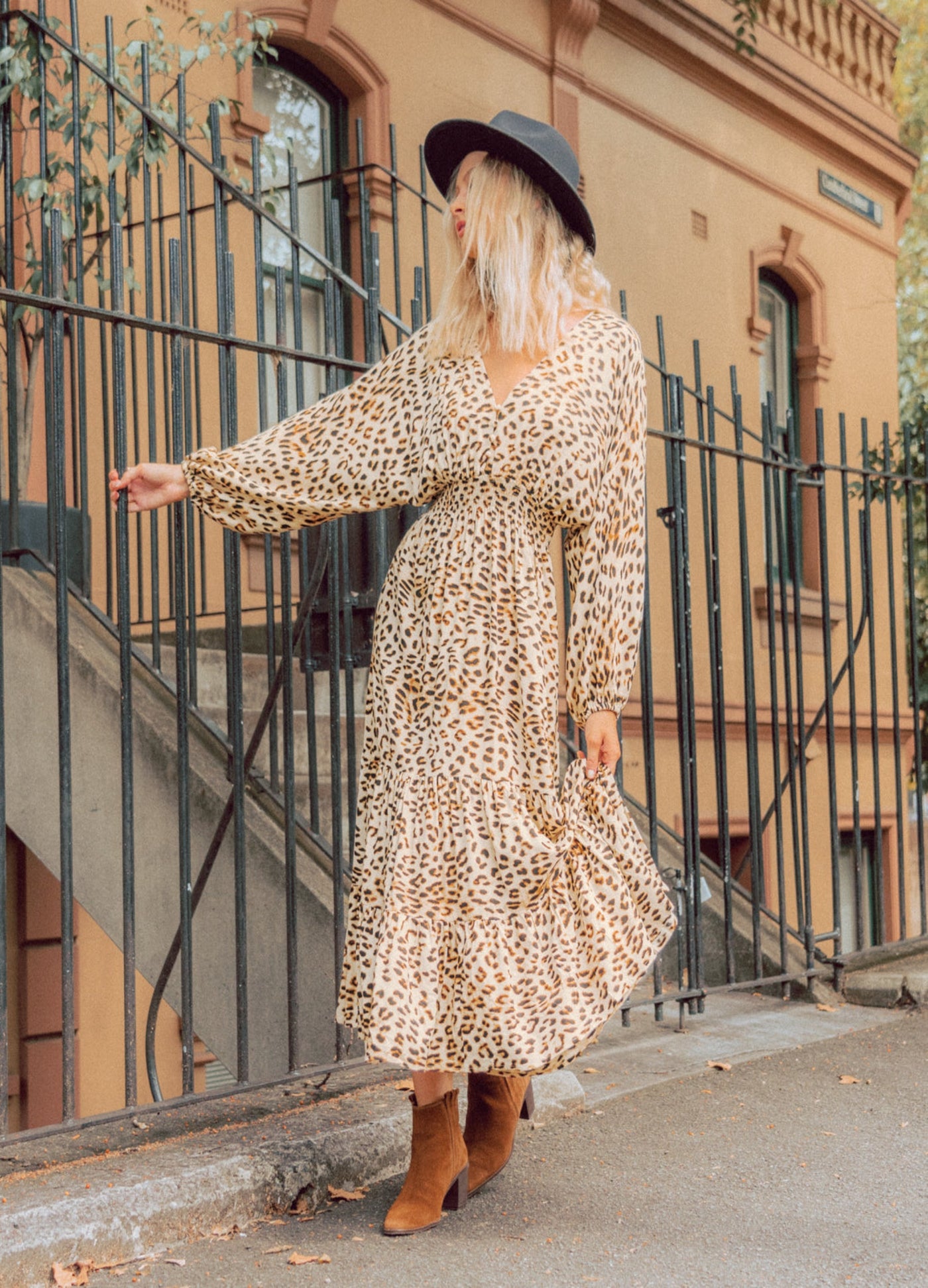 Blonde model wearing maxi dress Lara