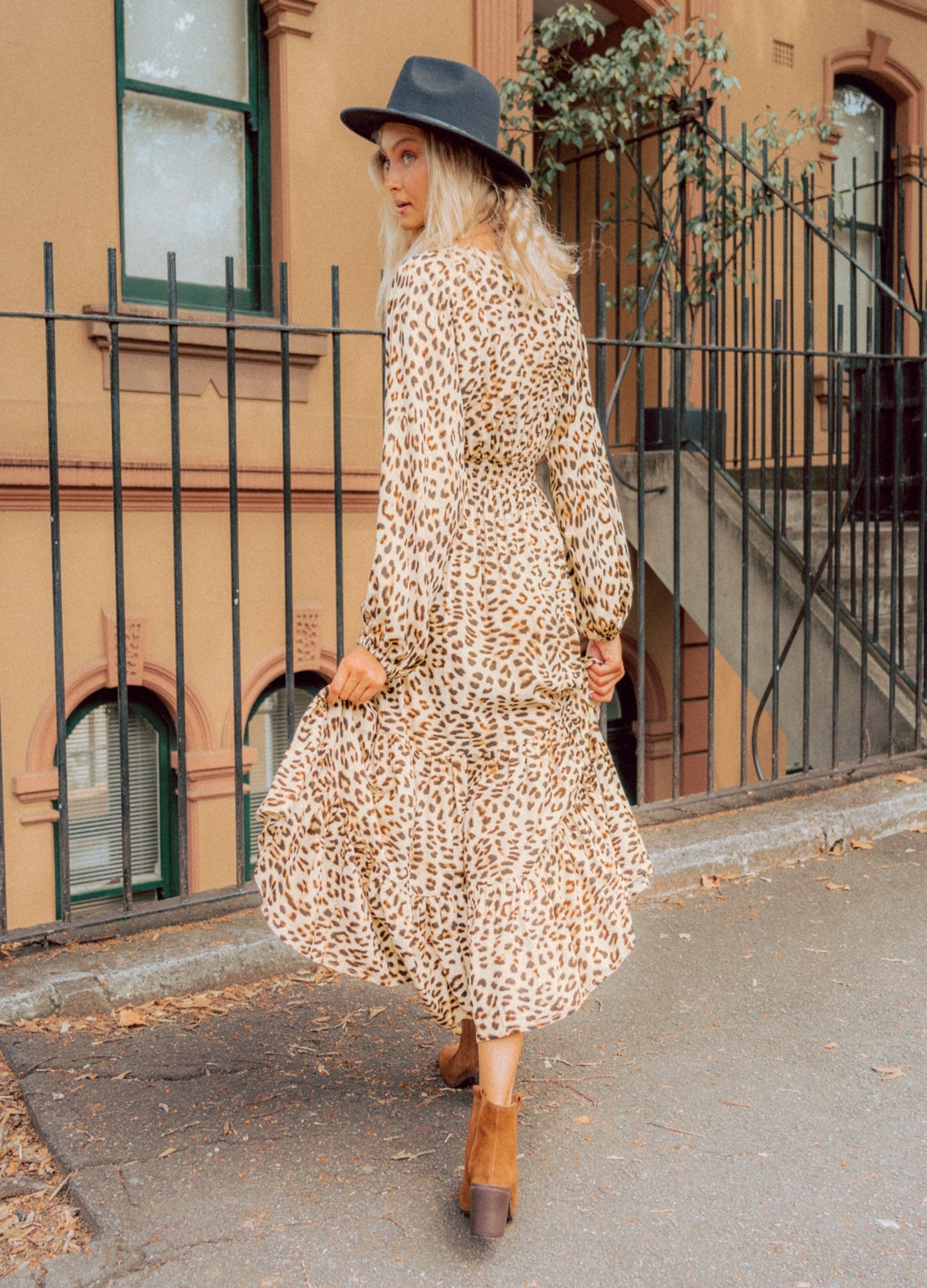 Blonde model wearing maxi dress Lara