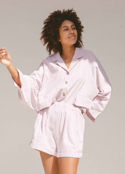 Model wearing lilac linen set 