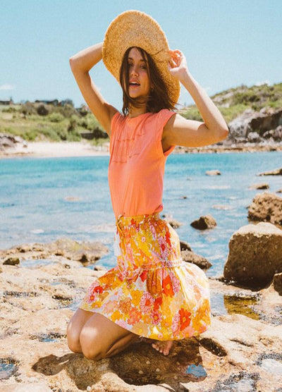 Model wearing the organic cotton freya mini skirt