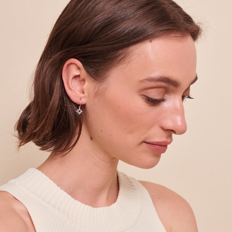 Pia earrings in the ear of model 