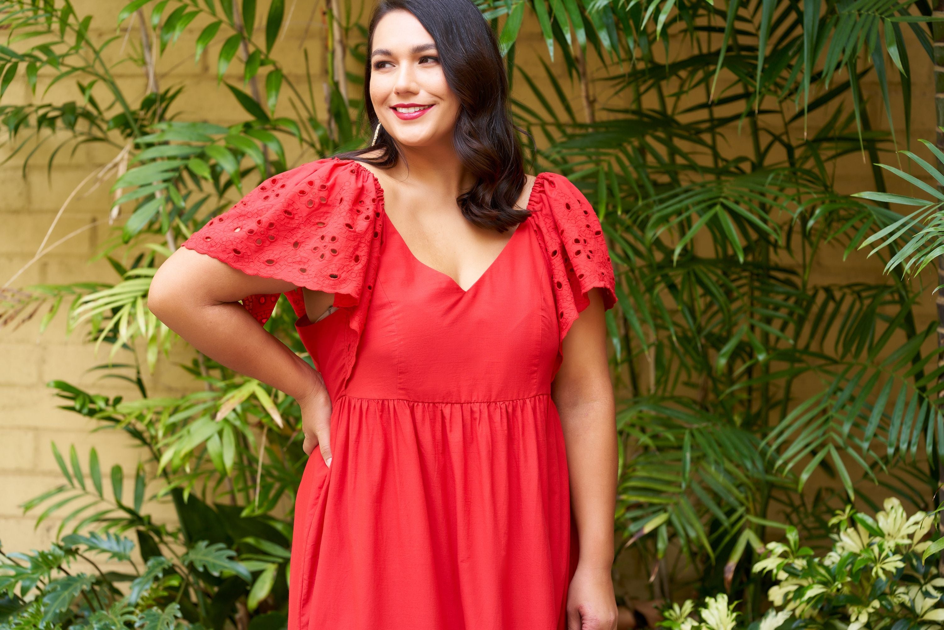 Model wearing red dress