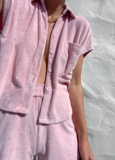 Model wearing dusty pink terry towelling set