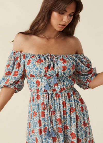 Model wearing the Vintage Soiree Dress off the shoulder