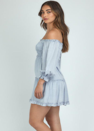 Brunette Model wearing the Mia bodice dress in pale blue