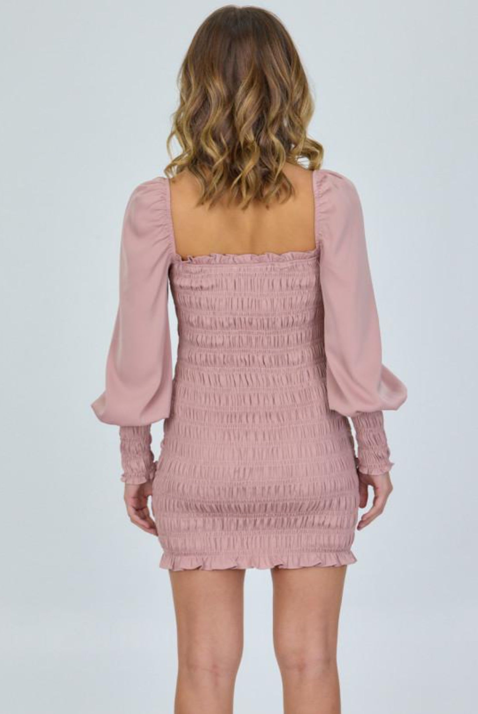 Back of the pink shirred mini dress