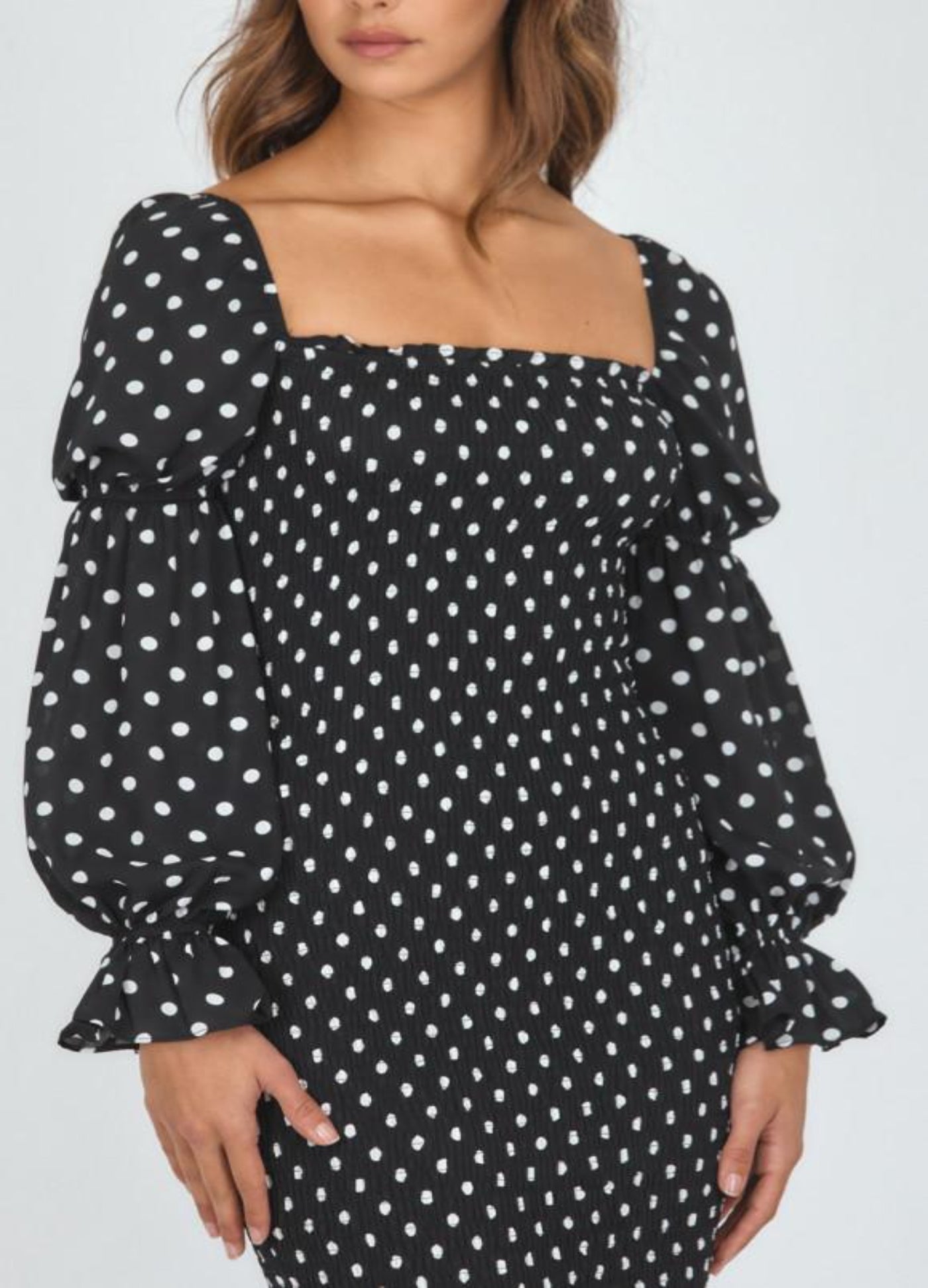 Style State - Long Sleeve Kara Dot Print Shirred Midi Dress