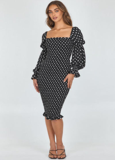 Style State - Long Sleeve Kara Dot Print Shirred Midi Dress