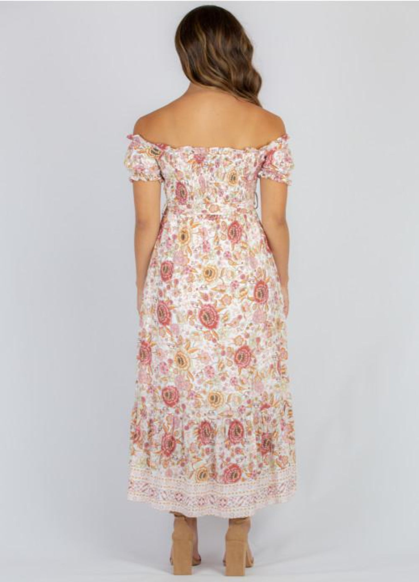 Back shot of floral maxi dress 