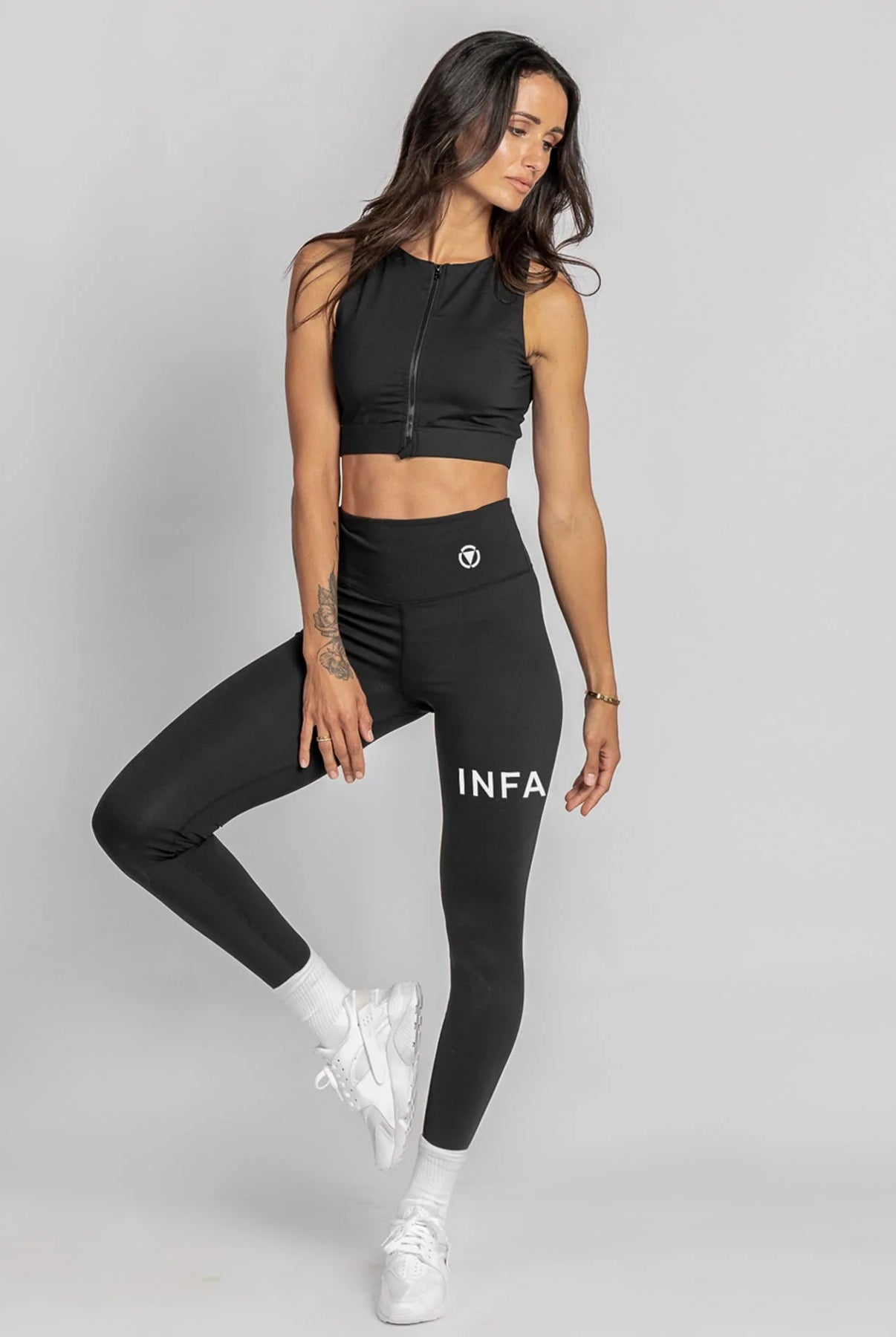 Classic Black Active Legging with white logo from Infamous Active at She Creates Stories.